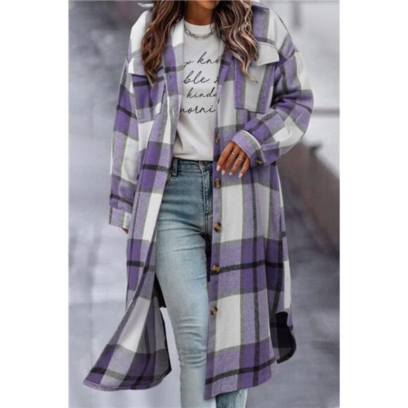 Womens Plaid Shacket Jacket Long Corduroy Shirt Casual Lapel Button - Picture 2 of 6